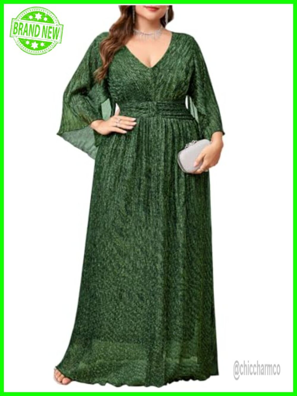 Plus Size Formal Maxi Dress Sparkly V Neck A-line Handkerchief Sleeve Evening